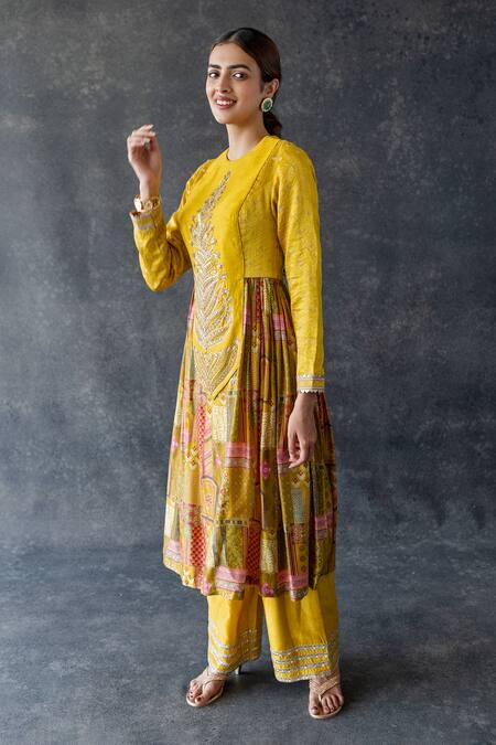 Shachi Sood_Yellow Silk, Organza Embroidery Round Neck Kesar Phool Kurta Palazzo Set _Online_at_Aza_Fashions
