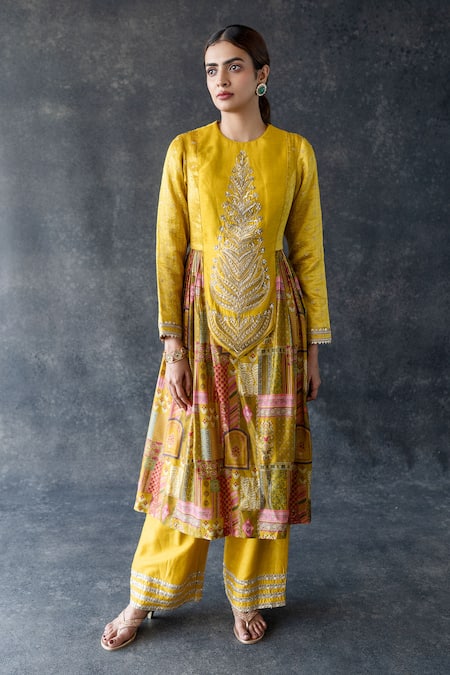 Shachi Sood Yellow Silk, Organza Embroidery Round Neck Kesar Phool Kurta Palazzo Set