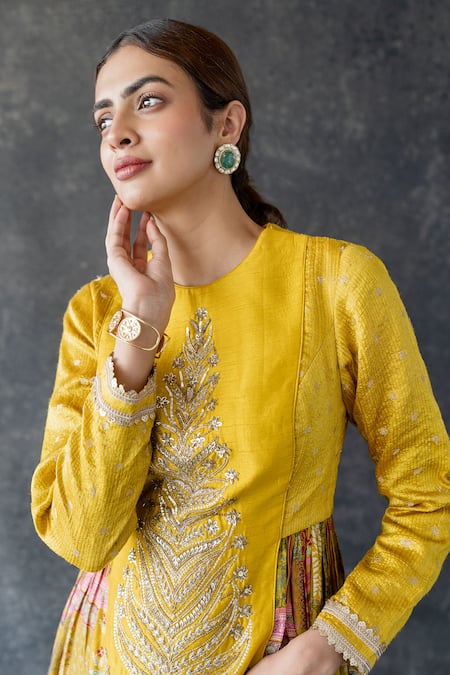Buy_Shachi Sood_Yellow Silk, Organza Embroidery Round Neck Kesar Phool Kurta Palazzo Set _Online_at_Aza_Fashions