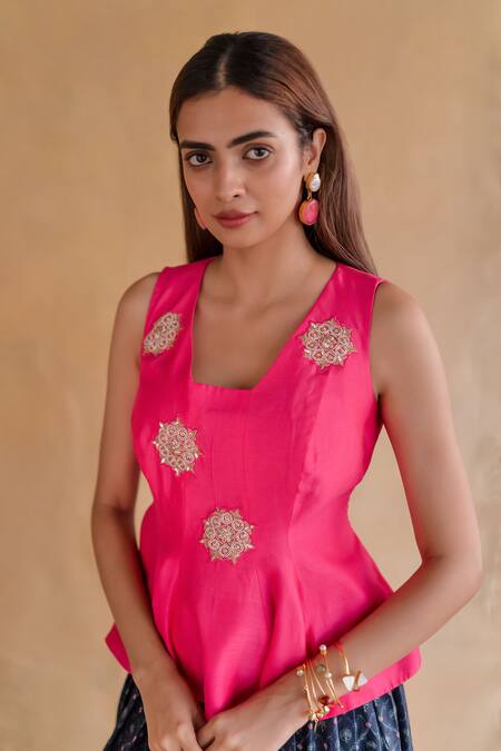 Shachi Sood_Pink Silk Embroidery Square Neck Hand Top And Navy Skirt _Online_at_Aza_Fashions