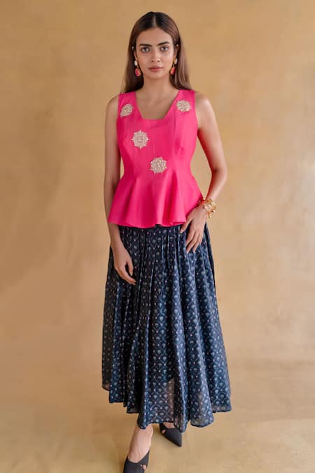 Shachi Sood Pink Hand Embroidered Top & Navy Skirt 