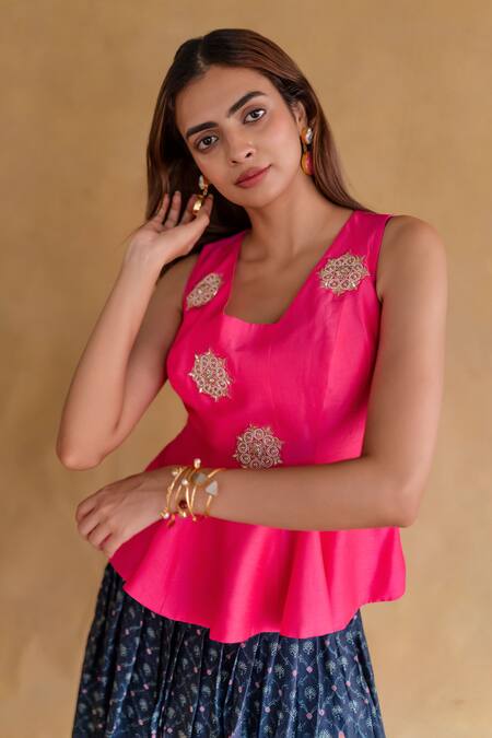 Buy_Shachi Sood_Pink Silk Embroidery Square Neck Hand Top And Navy Skirt _Online_at_Aza_Fashions