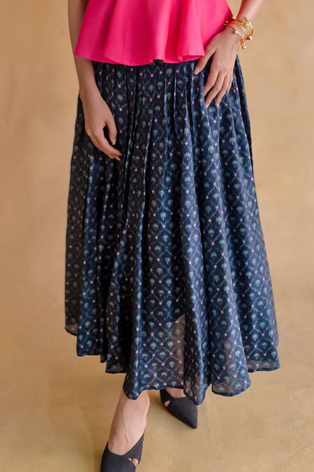 Shop_Shachi Sood_Pink Silk Embroidery Square Neck Hand Top And Navy Skirt _Online_at_Aza_Fashions