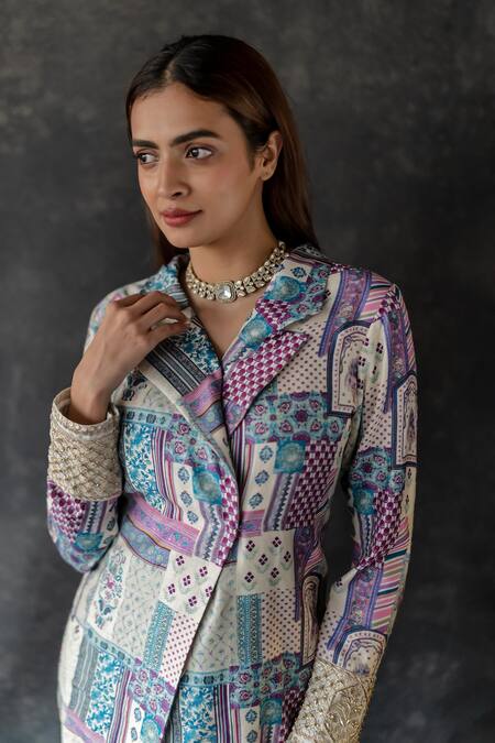 Shop Shachi Sood Multi Color Chanderi, Silk Designer Chandani Jacket Kurta And Sharara Set Online at Aza Fashions Shop_Shachi Sood_Multi Color Chanderi, Silk Designer Chandani Jacket Kurta And Sharara Set _Online_at_Aza_Fashions