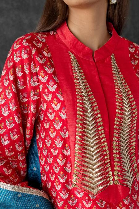 Buy_Shachi Sood_Red Silk Embroidery Collared Hand Kurta Pant Set _Online_at_Aza_Fashions