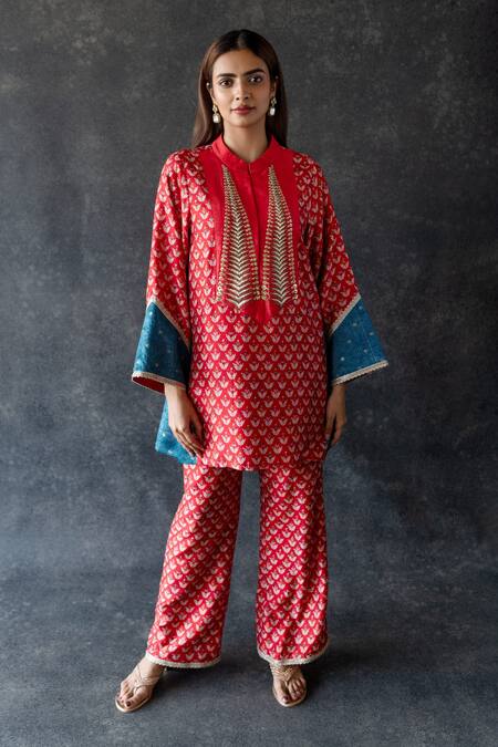 Shop_Shachi Sood_Red Silk Embroidery Collared Hand Kurta Pant Set _Online_at_Aza_Fashions