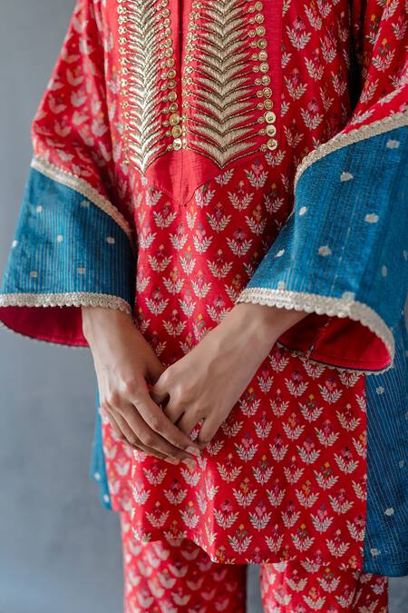 Shachi Sood_Red Silk Embroidery Collared Hand Kurta Pant Set _at_Aza_Fashions