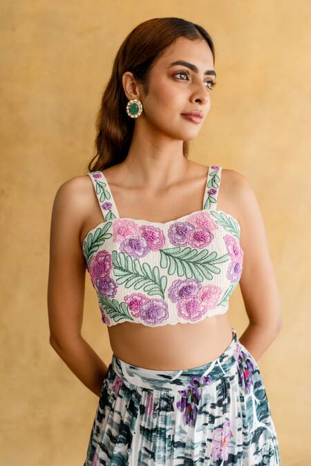 Shachi Sood_White Silk, Organza Embroidery Square Neck Twilight Taar Floral Lehenga Set _Online_at_Aza_Fashions