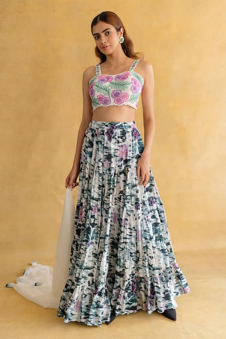 Shachi Sood White Silk, Organza Embroidery Square Neck Twilight Taar Floral Lehenga Set 