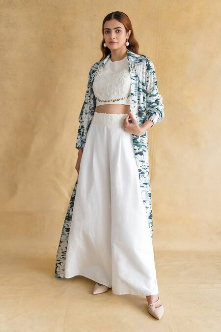 Shop_Shachi Sood_White Silk Round Neck, Collared Dupion Dune Rani Jacket Set _Online_at_Aza_Fashions