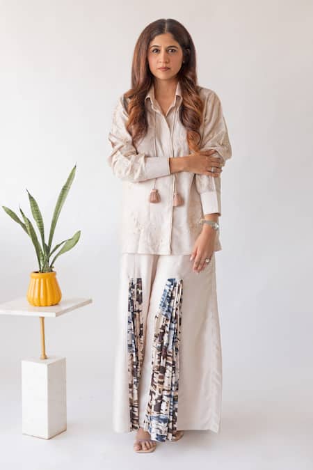 Shachi Sood Beige Silk Embroidery, Tassels Collared Coord Set