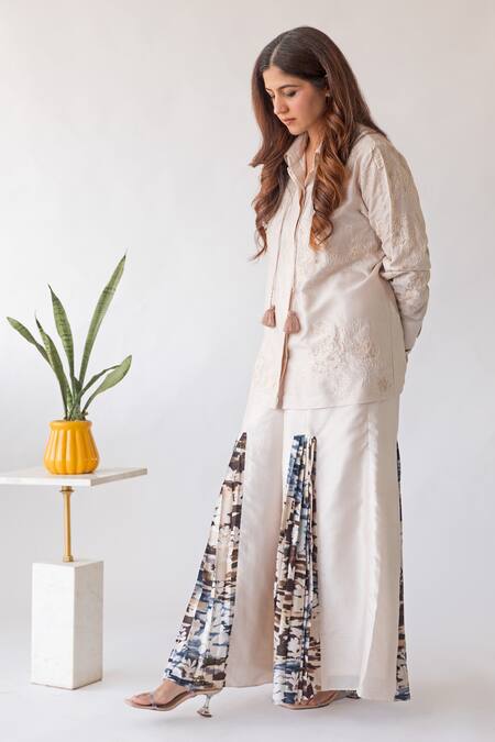 Shachi Sood_Beige Silk Embroidery, Tassels Collared Coord Set _Online_at_Aza_Fashions