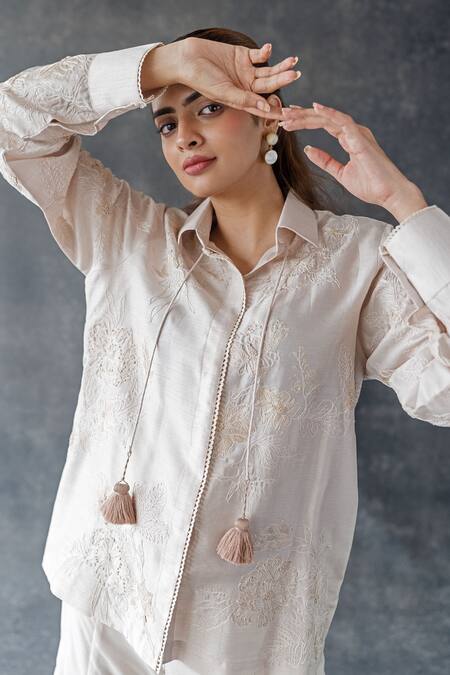 Shop_Shachi Sood_Beige Silk Embroidery, Tassels Collared Coord Set _Online_at_Aza_Fashions