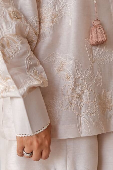 Shachi Sood_Beige Silk Embroidery, Tassels Collared Coord Set _at_Aza_Fashions