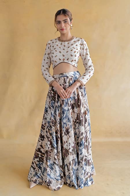 Shachi Sood Beige Silk Embroidery Round Neck Floral Print Lehenga Set 