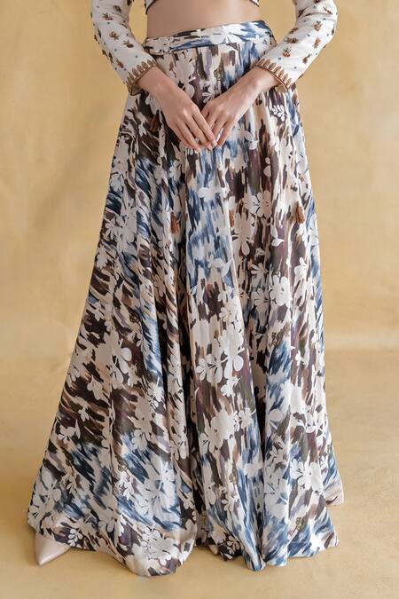 Buy_Shachi Sood_Beige Silk Embroidery Round Neck Floral Print Lehenga Set _Online_at_Aza_Fashions