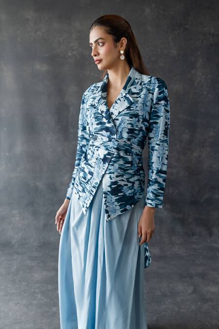 Shachi Sood_Blue Silk Embroidery V-neck Luna Drape Skirt And Jacket Set _Online_at_Aza_Fashions
