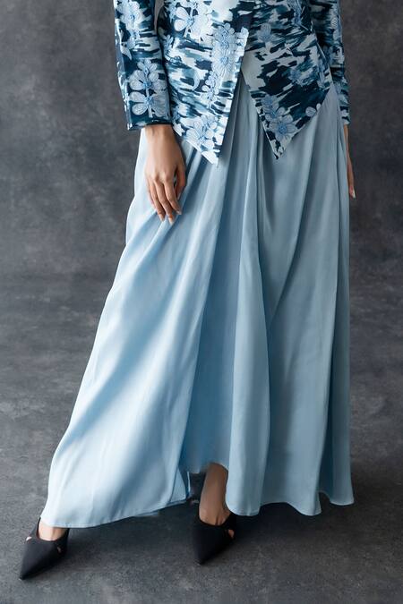 Buy_Shachi Sood_Blue Silk Embroidery V-neck Luna Drape Skirt And Jacket Set _Online_at_Aza_Fashions