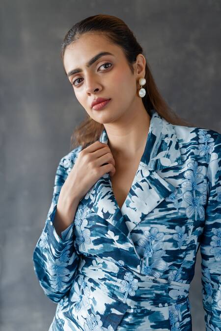 Shop_Shachi Sood_Blue Silk Embroidery V-neck Luna Drape Skirt And Jacket Set _Online_at_Aza_Fashions