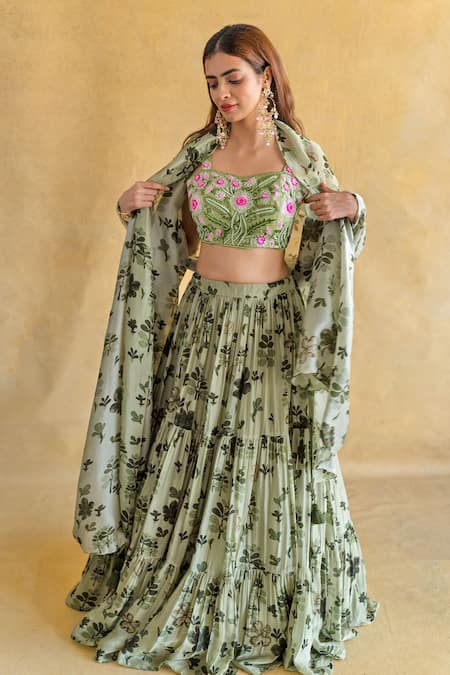 Shachi Sood Green Silk Embroidery Square Neck Leela Of Light Lehenga Set 