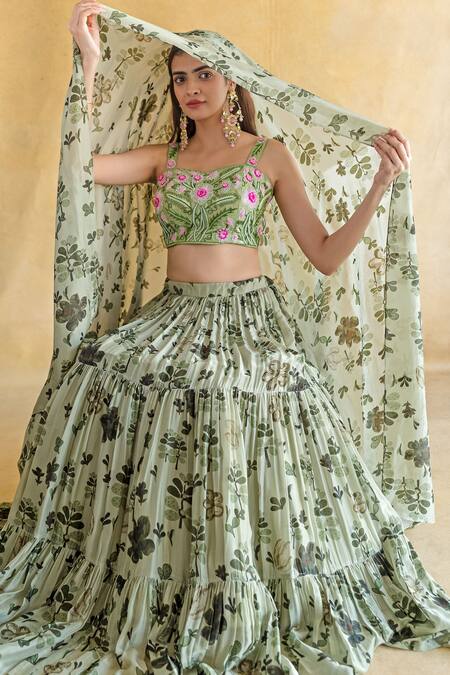 Shop_Shachi Sood_Green Silk Embroidery Square Neck Leela Of Light Lehenga Set _Online_at_Aza_Fashions