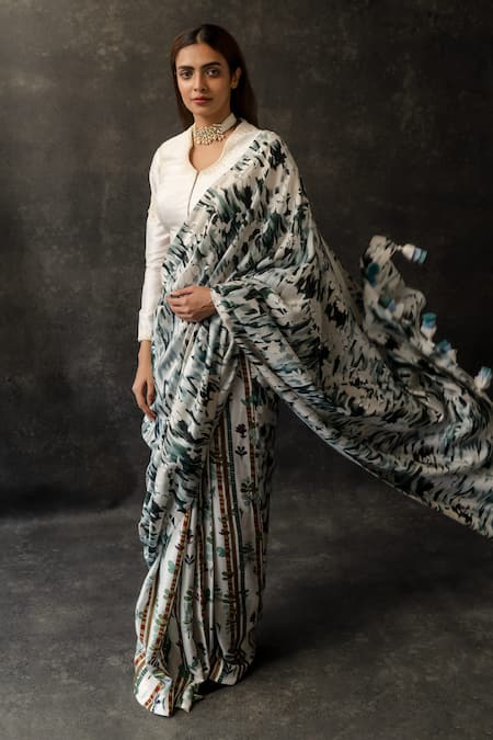 Shachi Sood_White Silk Beads Round Neck Designer Sanjh Sutra Saree Set _at_Aza_Fashions