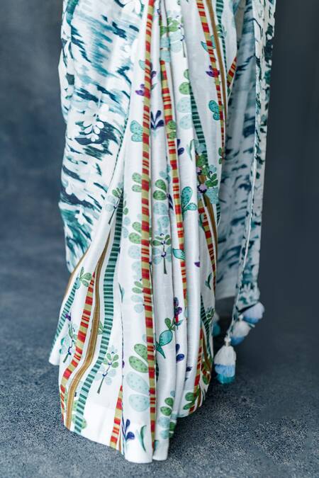 Buy_Shachi Sood_White Silk Beads Round Neck Designer Sanjh Sutra Saree Set 