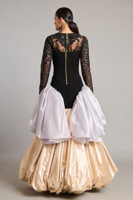 Shop Siddartha Tytler Black Net Lace Quilted Corset at Aza Fashions Shop_Siddartha Tytler_Black Net Lace Quilted Corset _at_Aza_Fashions