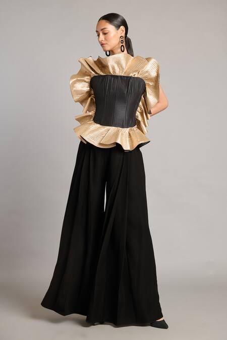 Siddartha Tytler Black Silk Ruffles High Neck Corset Online at Aza Fashions Siddartha Tytler_Black Silk Ruffles High Neck Corset _Online_at_Aza_Fashions