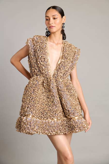 Siddartha Tytler Gray Organza Plunge Neck Steel Grey Ruffle Dress Online at Aza Fashions Siddartha Tytler_Gray Organza Plunge Neck Steel Grey Ruffle Dress _Online_at_Aza_Fashions