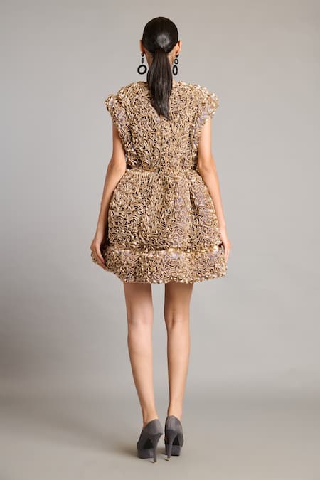 Shop Siddartha Tytler Gray Organza Plunge Neck Steel Grey Ruffle Dress at Aza Fashions Shop_Siddartha Tytler_Gray Organza Plunge Neck Steel Grey Ruffle Dress _at_Aza_Fashions