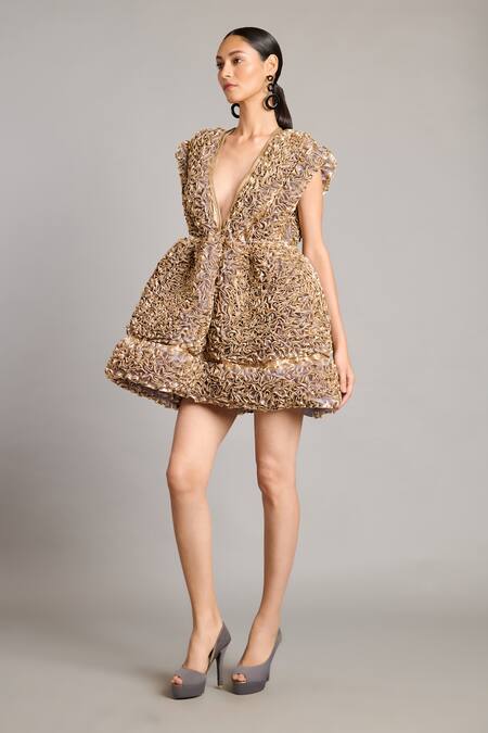 Buy Siddartha Tytler Gray Organza Plunge Neck Steel Grey Ruffle Dress Online at Aza Fashions Buy_Siddartha Tytler_Gray Organza Plunge Neck Steel Grey Ruffle Dress _Online_at_Aza_Fashions