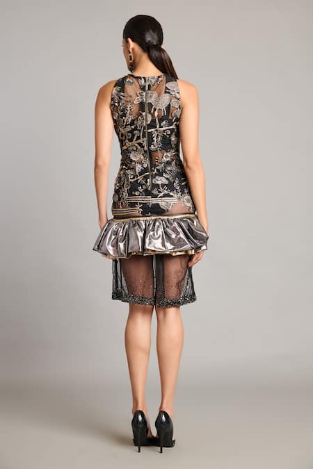 Shop Siddartha Tytler Black Net Sequins V-neck Zari Forest Sheer Bauble Dress at Aza Fashions Shop_Siddartha Tytler_Black Net Sequins V-neck Zari Forest Sheer Bauble Dress _at_Aza_Fashions