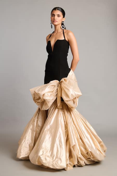 Siddartha Tytler_Black Microfiber Plunge Neck Gold Bauble Bow Gown _Online_at_Aza_Fashions