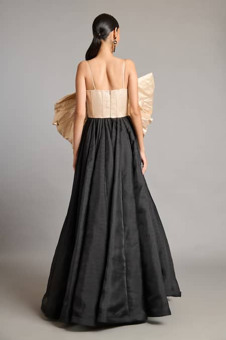 Shop Siddartha Tytler Black Microfiber Notched Neck Gold Bow Designer Gown at Aza Fashions Shop_Siddartha Tytler_Black Microfiber Notched Neck Gold Bow Designer Gown _at_Aza_Fashions