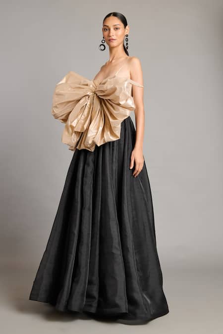 Siddartha Tytler Black Microfiber Notched Neck Gold Bow Designer Gown Online at Aza Fashions Siddartha Tytler_Black Microfiber Notched Neck Gold Bow Designer Gown _Online_at_Aza_Fashions