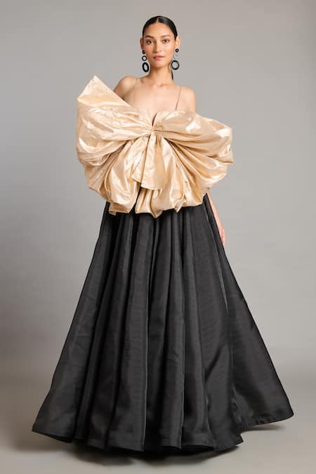 Siddartha Tytler Black Microfiber Notched Neck Gold Bow Designer Gown 