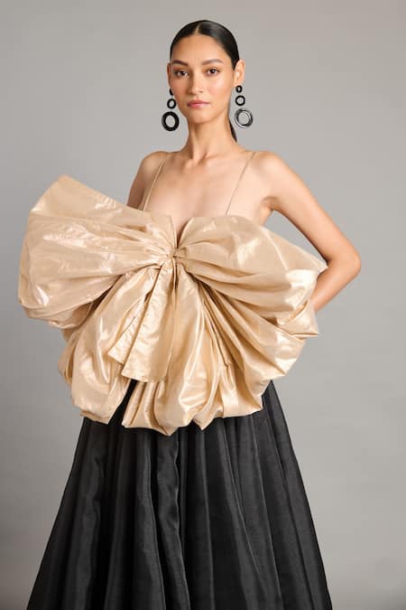 Buy Siddartha Tytler Black Microfiber Notched Neck Gold Bow Designer Gown Online at Aza Fashions Buy_Siddartha Tytler_Black Microfiber Notched Neck Gold Bow Designer Gown _Online_at_Aza_Fashions