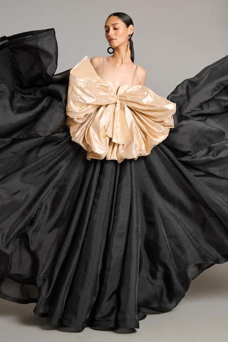 Shop Siddartha Tytler Black Microfiber Notched Neck Gold Bow Designer Gown Online at Aza Fashions Shop_Siddartha Tytler_Black Microfiber Notched Neck Gold Bow Designer Gown _Online_at_Aza_Fashions
