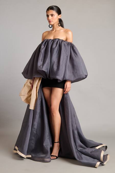 Buy Siddartha Tytler Black Organza Off-shoulder Gold Charcoal Bauble Mini Dress Buy_Siddartha Tytler_Black Organza Off-shoulder Gold Charcoal Bauble Mini Dress