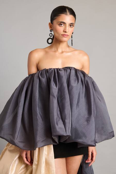 Shop Siddartha Tytler Black Organza Off-shoulder Gold Charcoal Bauble Mini Dress Shop_Siddartha Tytler_Black Organza Off-shoulder Gold Charcoal Bauble Mini Dress