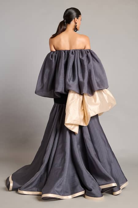 Shop Siddartha Tytler Black Organza Off-shoulder Gold Charcoal Bauble Mini Dress at Aza Fashions Shop_Siddartha Tytler_Black Organza Off-shoulder Gold Charcoal Bauble Mini Dress _at_Aza_Fashions