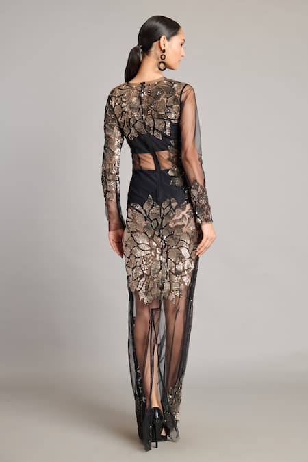 Shop_Siddartha Tytler_Black Net Sequins Round Neck Sheer Column Gown _at_Aza_Fashions