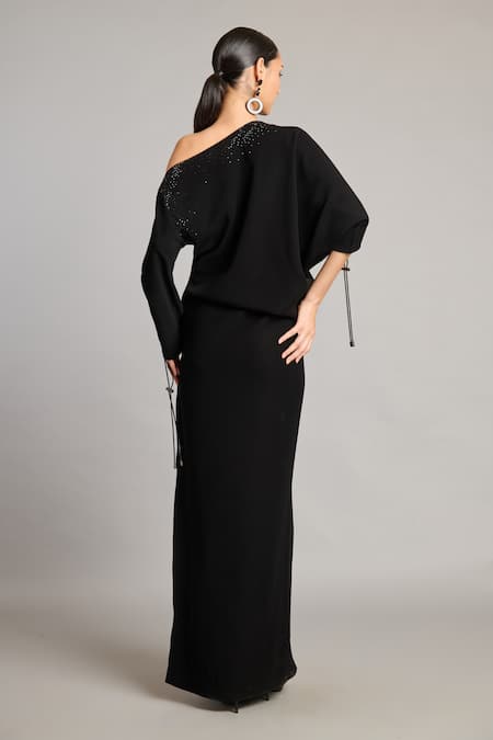 Shop_Siddartha Tytler_Black Microfiber Asymmetric Crystal Gown _at_Aza_Fashions