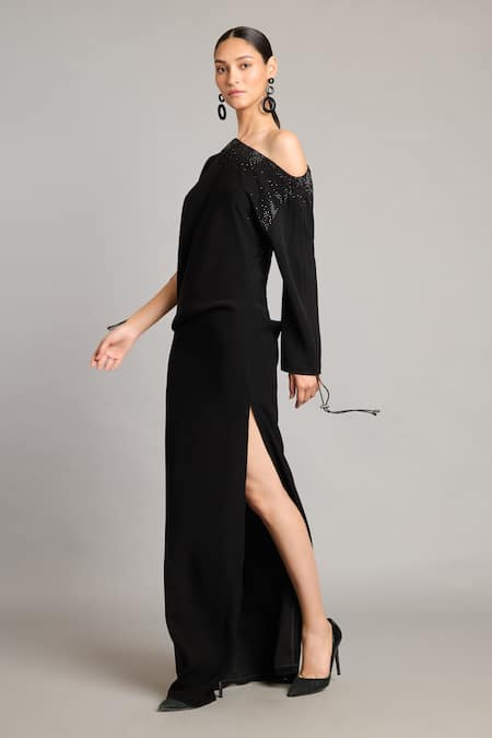 Siddartha Tytler_Black Microfiber Asymmetric Crystal Gown _Online_at_Aza_Fashions
