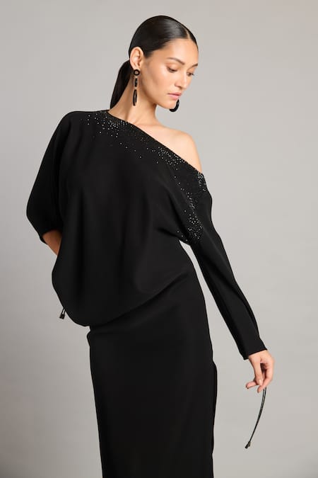 Buy_Siddartha Tytler_Black Microfiber Asymmetric Crystal Gown _Online_at_Aza_Fashions