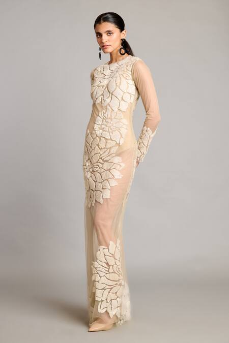 Siddartha Tytler_Beige Organza Sequins, Embroidery Round Neck Ivory Sheer Gown _Online_at_Aza_Fashions