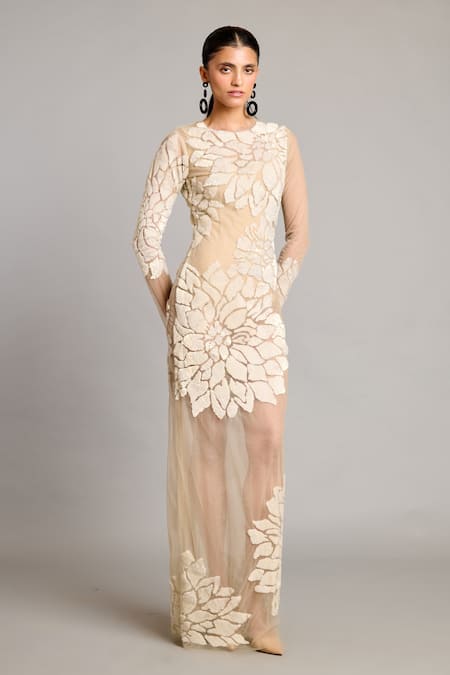 Siddartha Tytler Beige Organza Sequins, Embroidery Round Neck Ivory Sheer Gown 