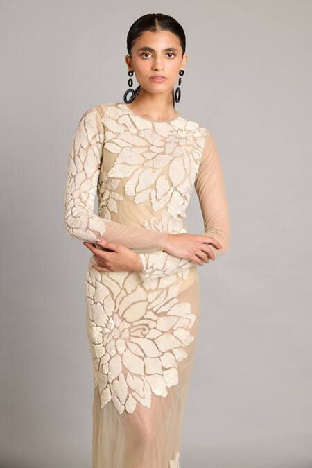 Buy_Siddartha Tytler_Beige Organza Sequins, Embroidery Round Neck Ivory Sheer Gown _Online_at_Aza_Fashions