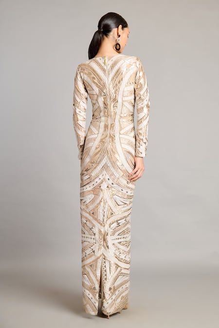 Siddartha Tytler Ivory Gold Applique Column Gown 